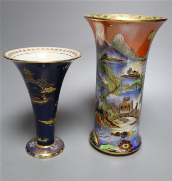 A Carltonware Temple pattern lustre vase and a powder blue trumpet shaped vase, tallest 21cm